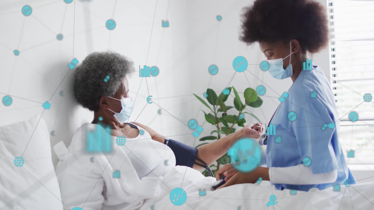 Animation of network of connections with icons over senior african american woman and female doctor