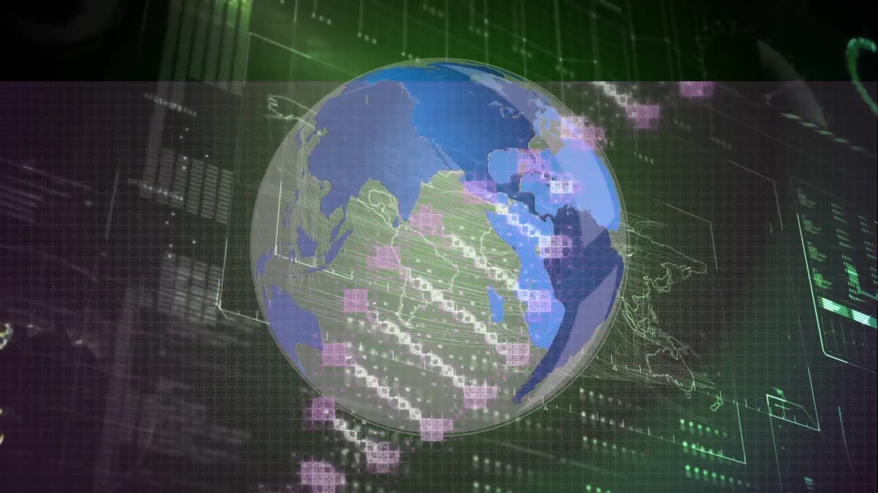 animación de la cadena de adn girando sobre el globo y procesamiento de datos en la pantalla