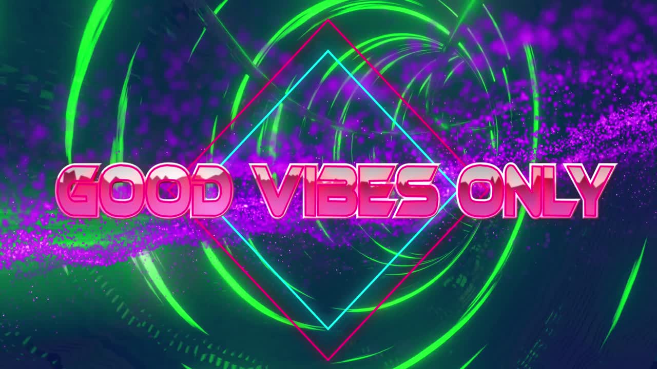 Animazione del testo 'good vibes only' su rombi, su punti connessi e un tunnel circolare.