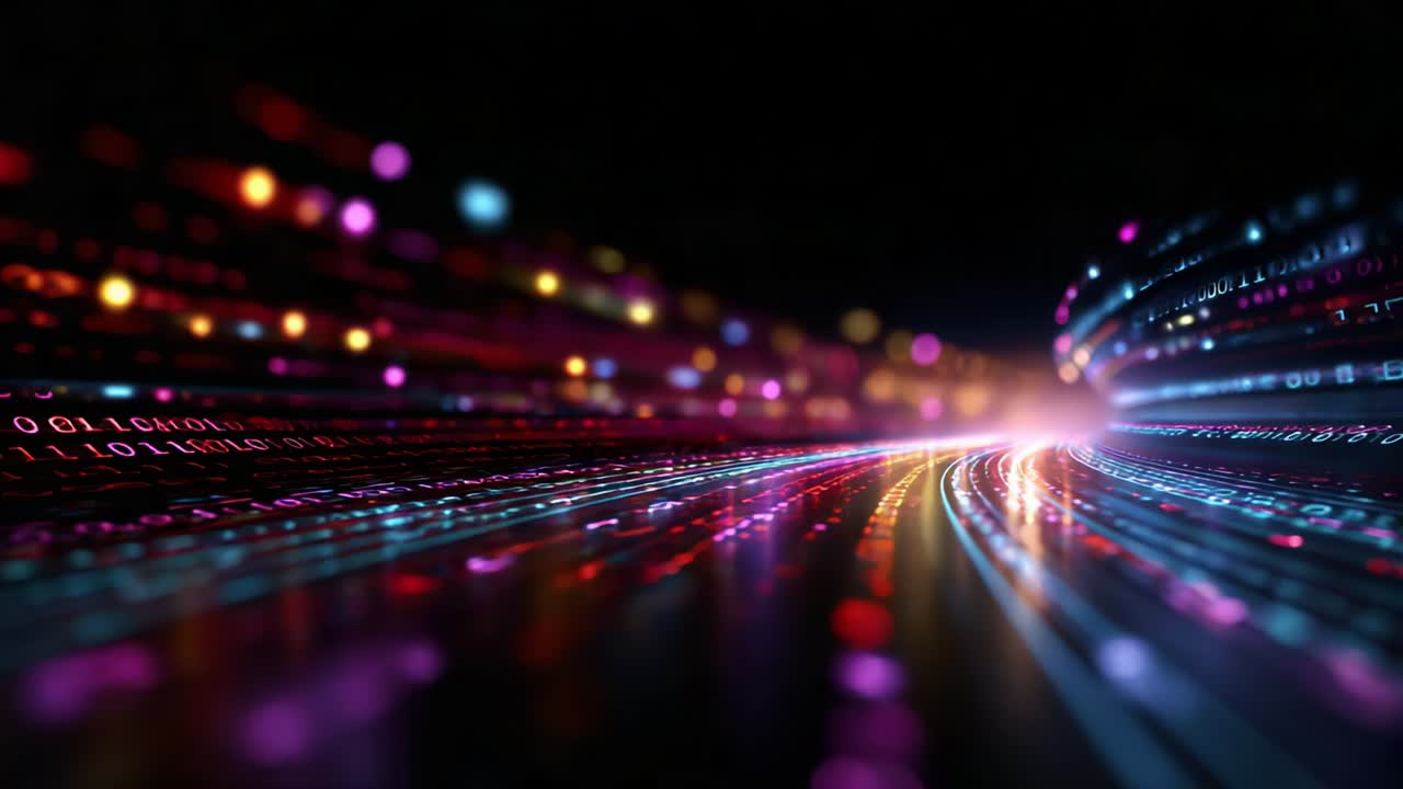 A Stunning Visual Representation of Digital Data Flowing Through A Vivid Light Spectrum, Showcasing Streams of Binary Codes and Illuminated Particles Creating a Dynamic 3D Effect