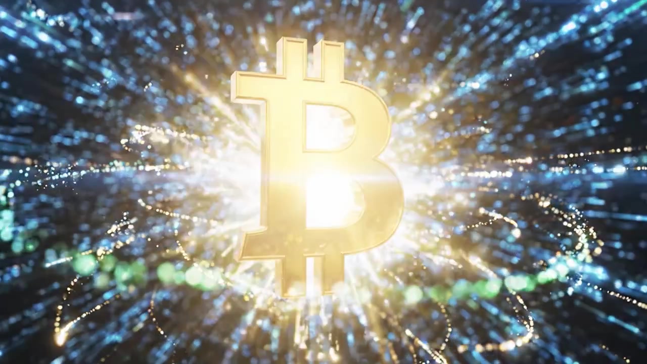 Esplorando il mondo dinamico delle criptovalute: una visualizzazione futuristica di Bitcoin circondato da un universo digitale scintillante di luce ed energia.