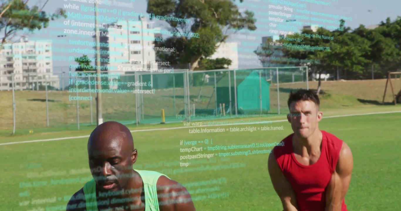 Men picking up kettlebells and performing park workout, third man joining with animated rep counter