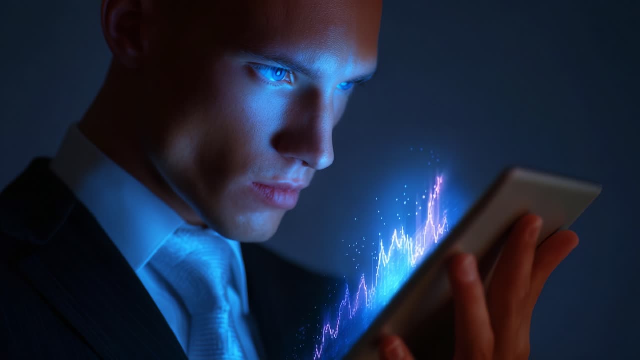 A focused individual in formal attire examines data visualizations on a tablet screen, illuminated by vibrant blue and pink hues representing complex analytics and trends in a digital environment