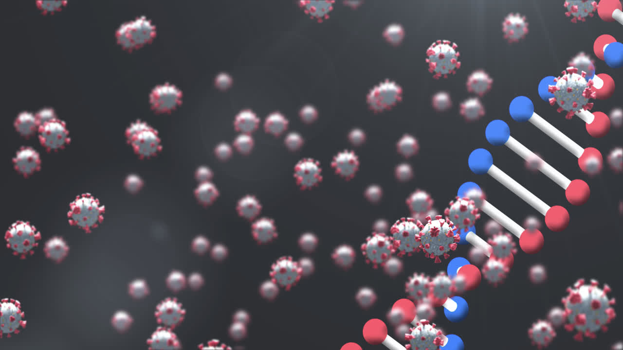 코로나19 세포의 애니메이션과 dna 스트랜드 스핀링