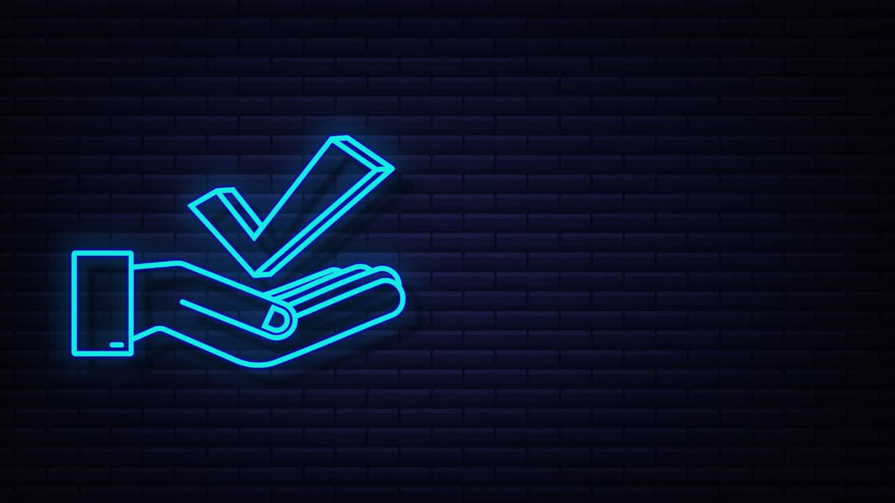 marca de verificación de neón colgando sobre las manos. pegatina de estrella verde aprobada. gráfico de movimiento