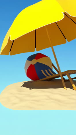 beach scene with umbrella, beach ball, and lounge chair