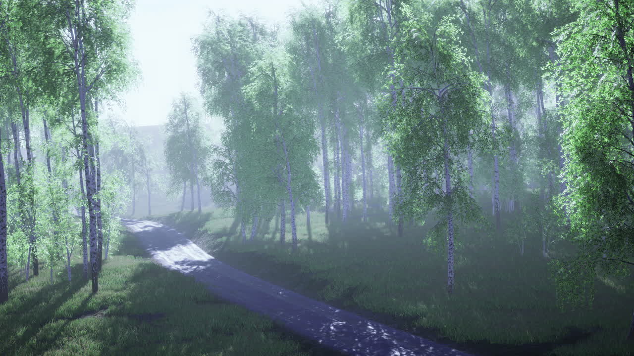 Lush forest pathway surrounded by misty trees in early morning light