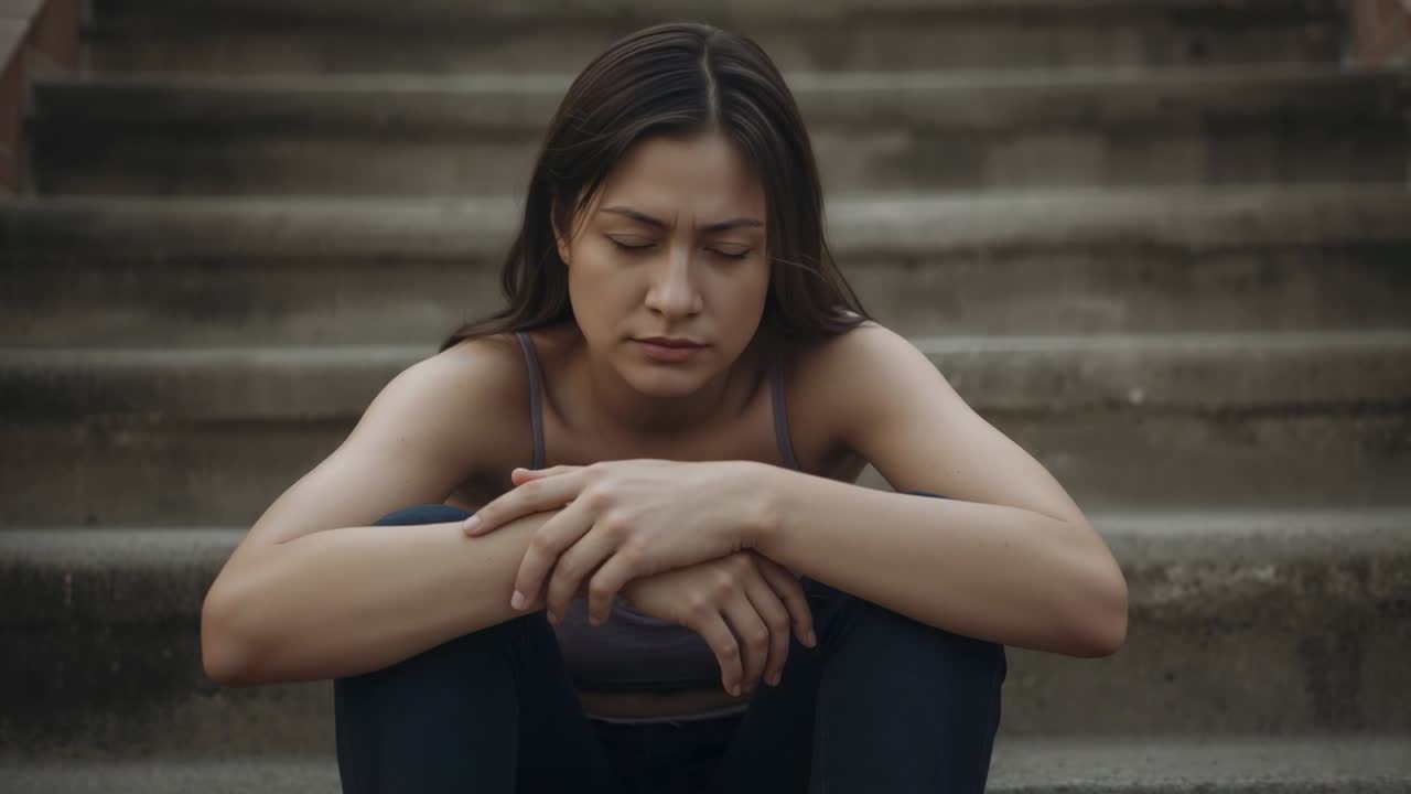 Lifting head after pause, Asian woman meeting camera on concrete steps, wearing tank and leggings