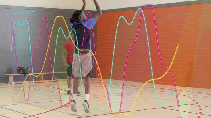 Hoops coach gesturing player dribbling by bench shooting for drill as bold splines rise around him
