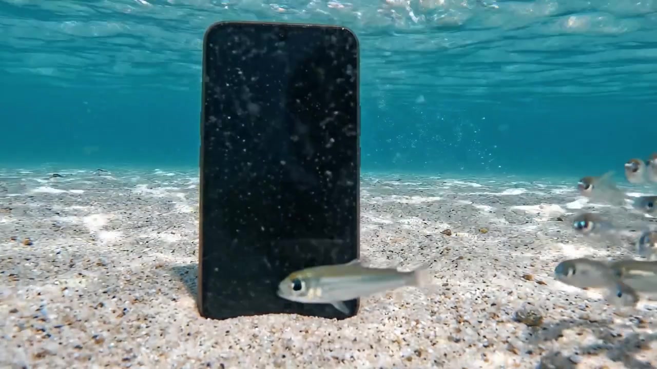 Sotto le Onde: Uno smartphone sommerso catturato in due fotogrammi, esplorando l'intersezione tra tecnologia e natura sott'acqua.