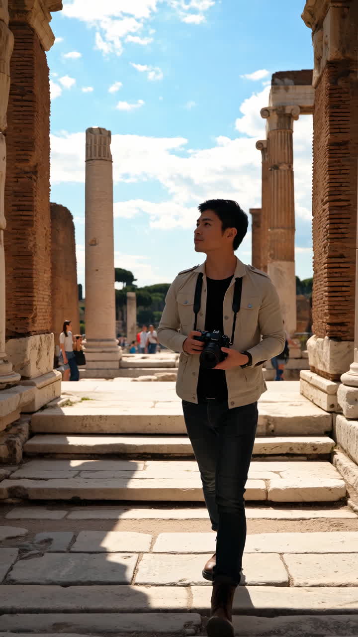 Photographer Exploring Ancient Roman Ruins