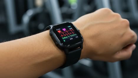 a close-up view of a fitness smartwatch displaying heart rate and health metrics during a workout session in a gym environment