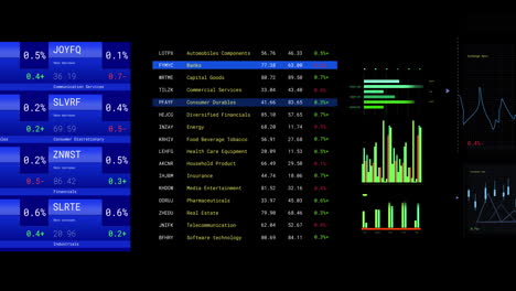 animation of financial data processing with screens over black background
