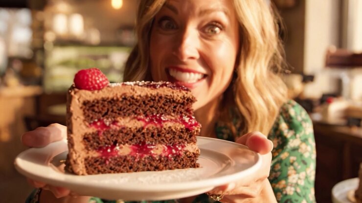Dessertgenuss: Die freudige Begegnung einer Frau mit einem wunderschön geschichteten Schokoladenkuchen, gekrönt mit frischen Himbeeren, in einem gemütlichen Café