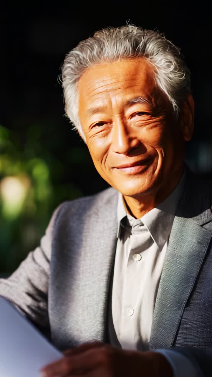 銀髪の品格ある老紳士が、柔らかい照明の中で知恵と魅力を漂わせながら、暖かく微笑んで会話をしています。