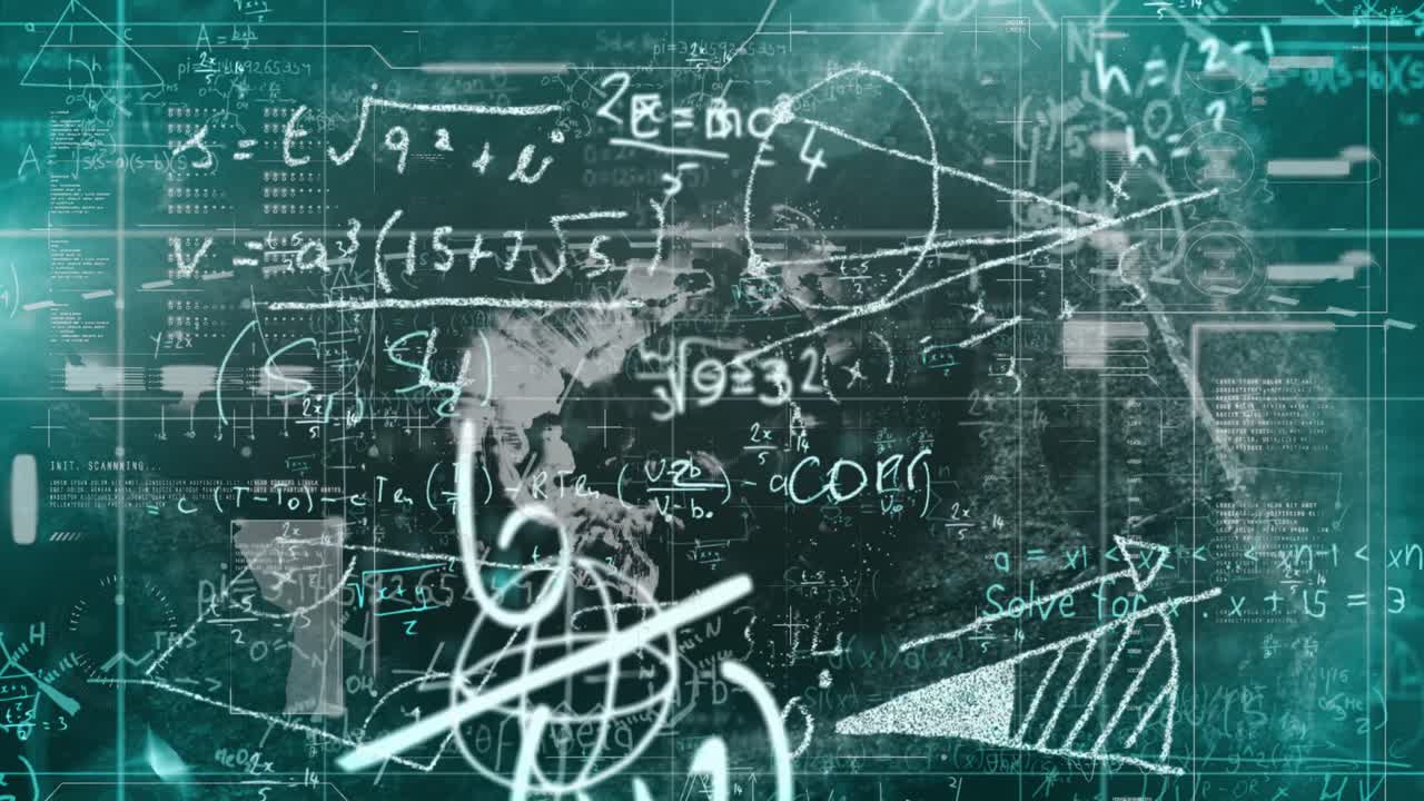 animación de ecuaciones matemáticas y procesamiento de datos sobre fondo verde