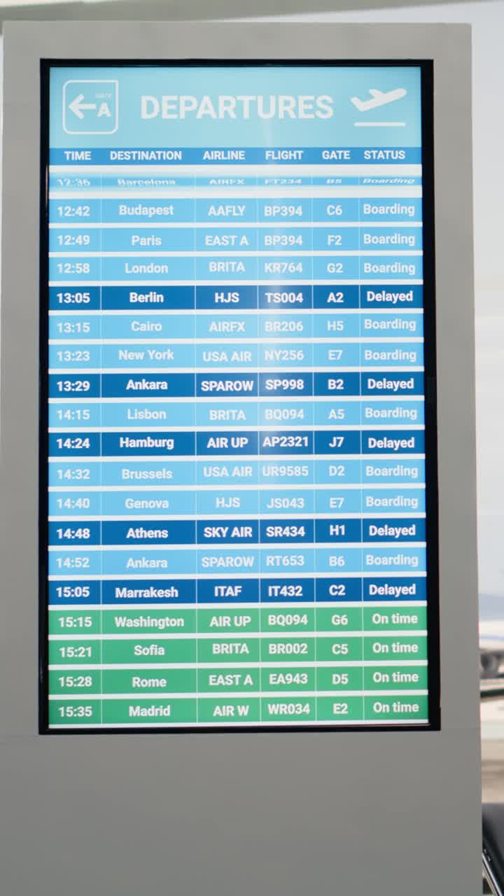 Vertical Video Quiet airport terminal waiting area with no passengers and departures board