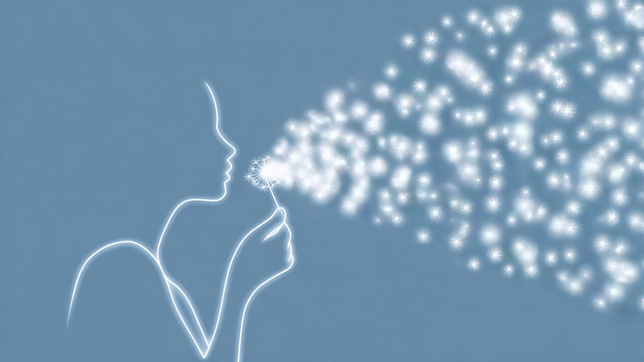 A Serene Moment of Whimsy: A Minimalistic Silhouette of a Person Blowing a Dandelion, Sending Silvery Seeds Floating into the Air, Capturing the Essence of Dreams and Nature's Beauty in a Stylized Presentation