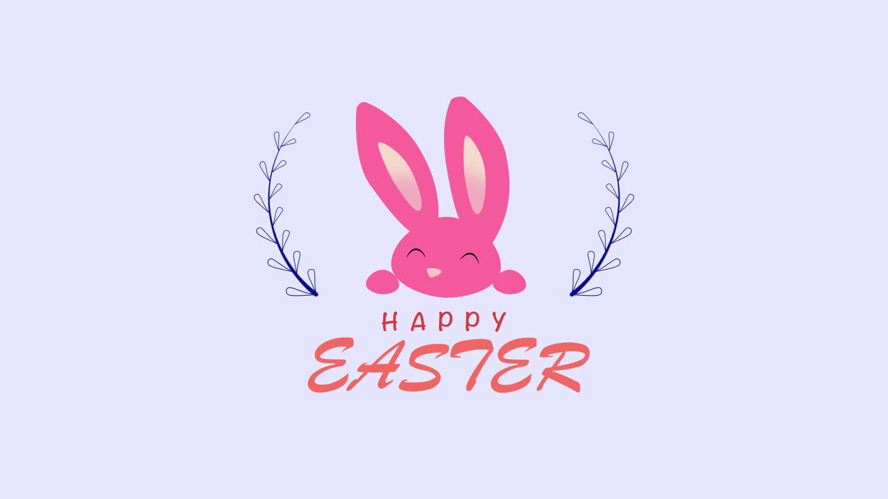 Primo piano animato testo Buona Pasqua e conigli su sfondo blu