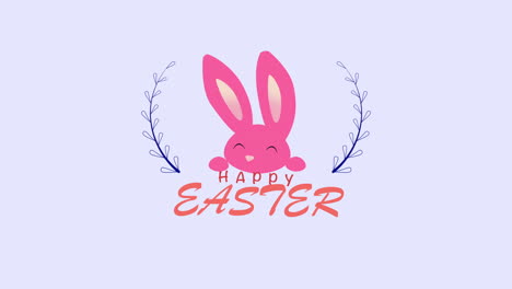 primer plano animado feliz pascua texto y conejos sobre fondo azul
