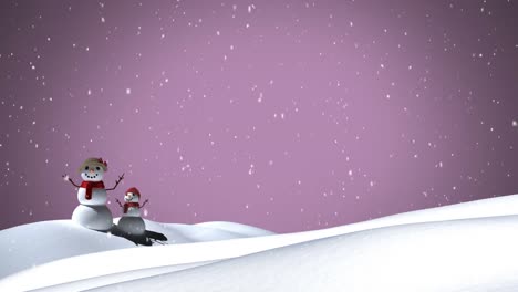 Animation-of-white-christmas-snow-falling-over-two-snowmen-in-winter-landscape