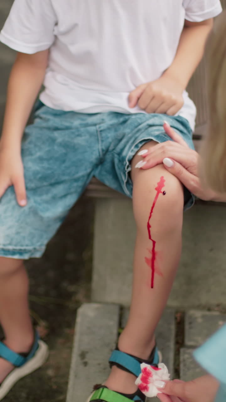 una mujer cuida cuidadosamente de la rodilla herida de un niño usando un pañuelo manchado de sangre, mientras el niño se sienta cerca con una bicicleta caída en el suelo