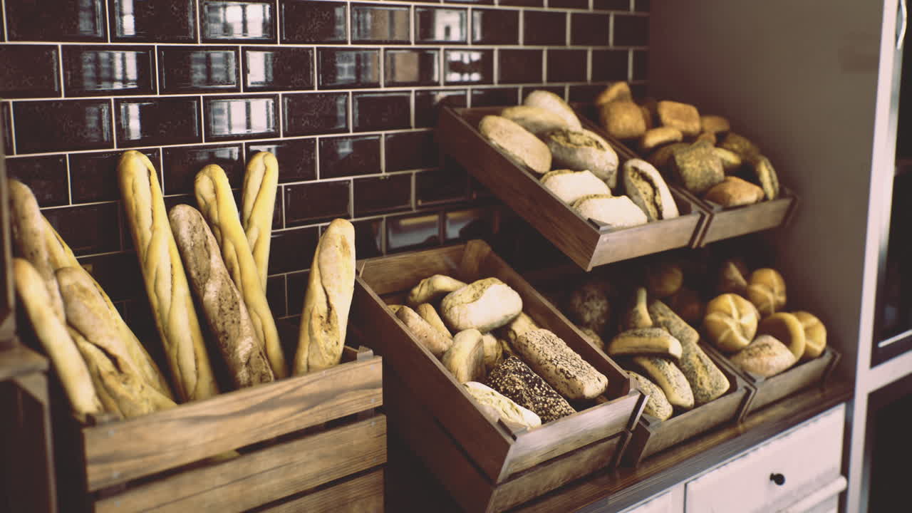 Delicious assortment of freshly baked bread displayed on rustic shelves
