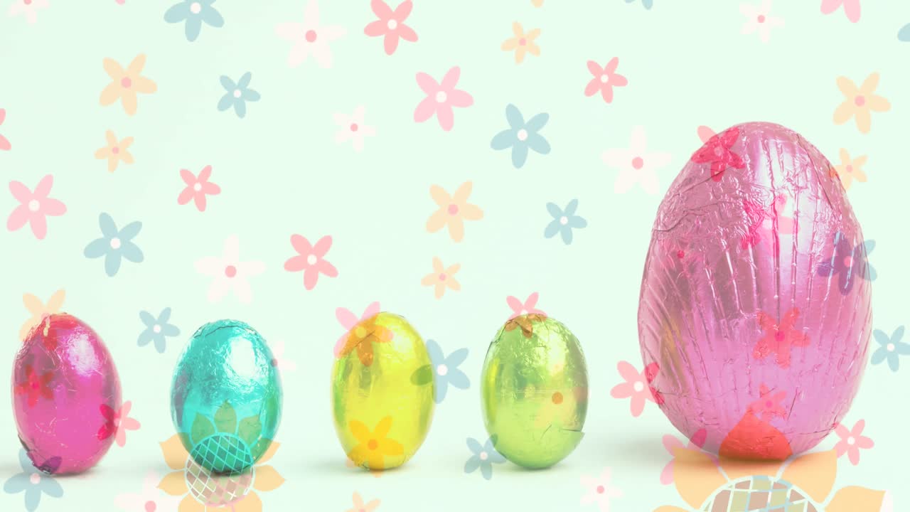 Composite video of flowers icons moving over colorful easter eggs against white background