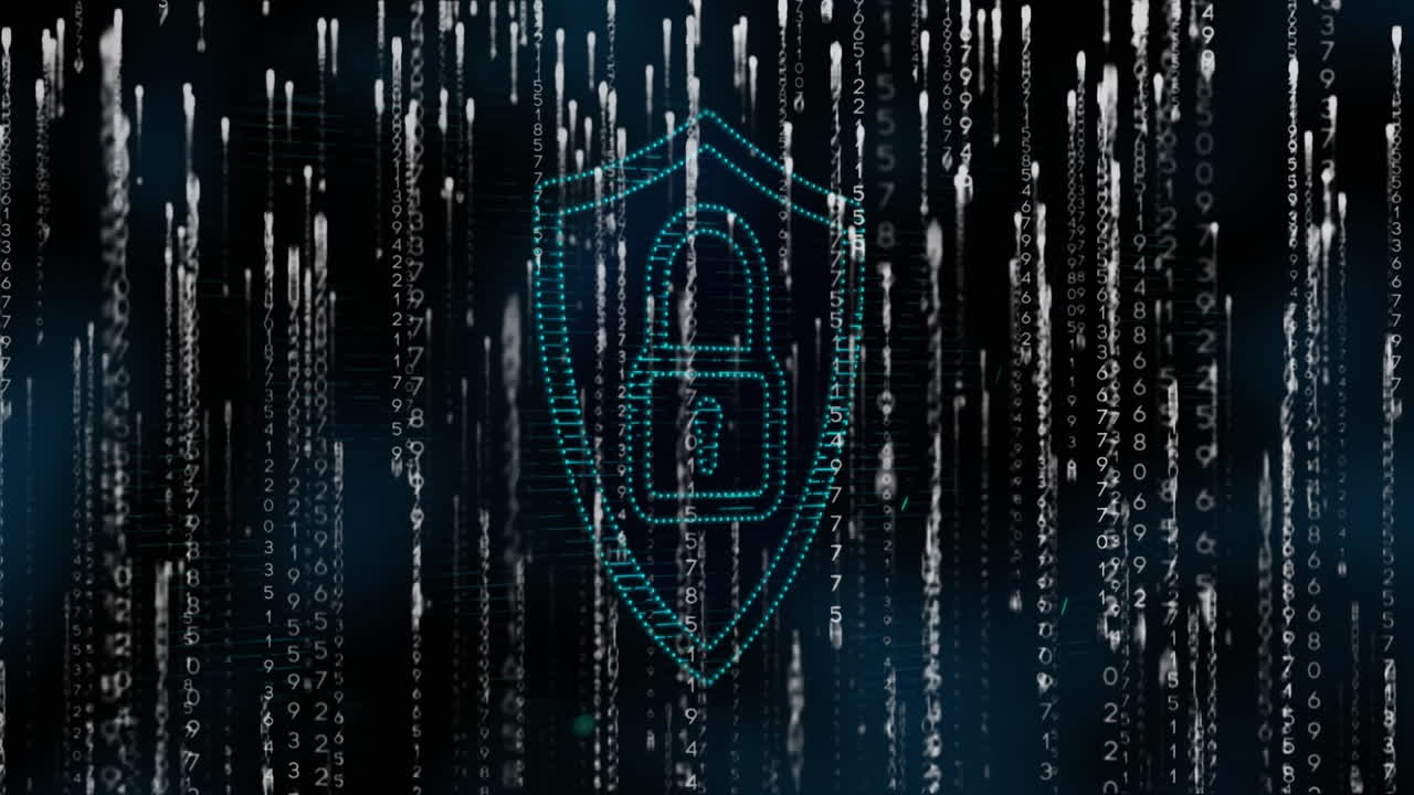 Animation of padlock and data processing over dark background
