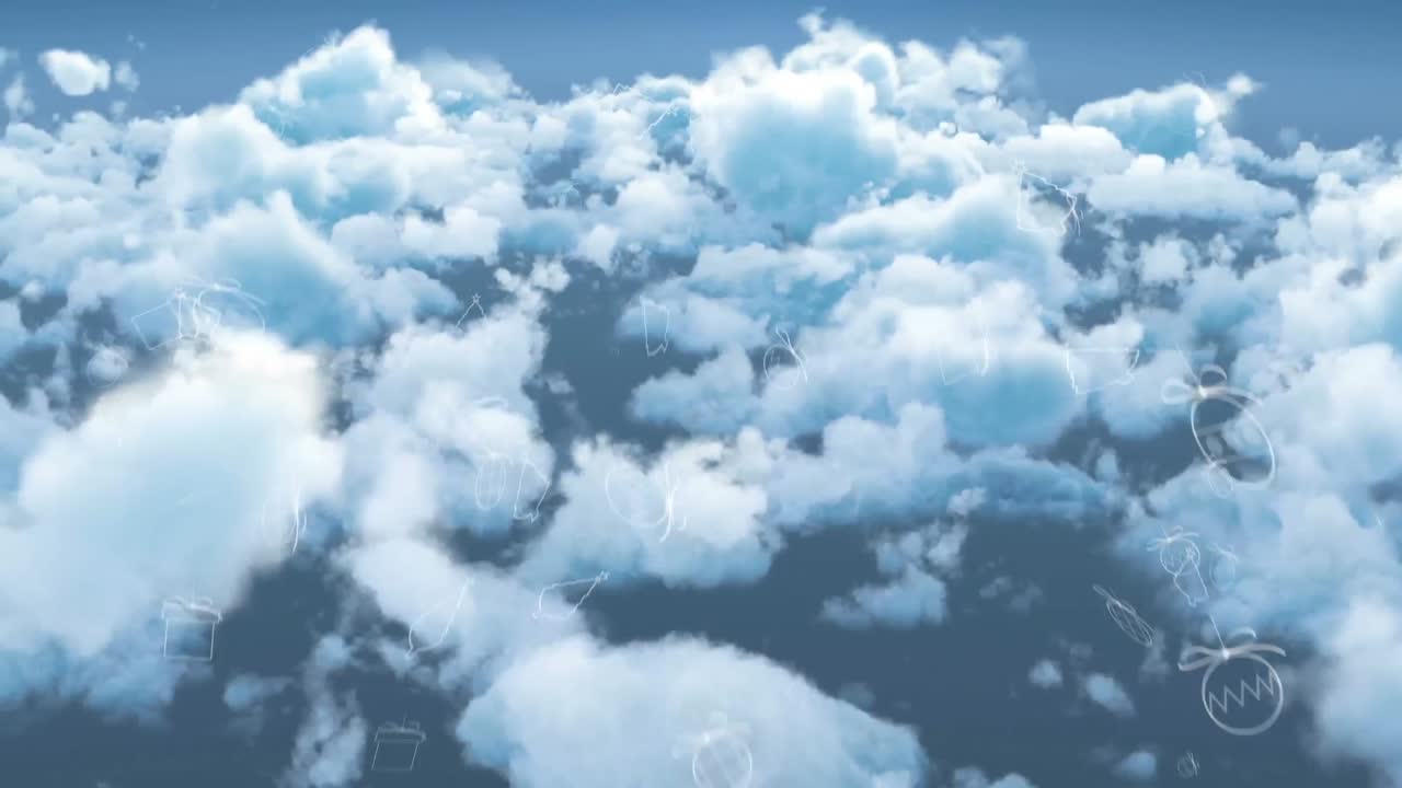 los iconos del concepto de navidad cayendo contra las nubes en el cielo azul
