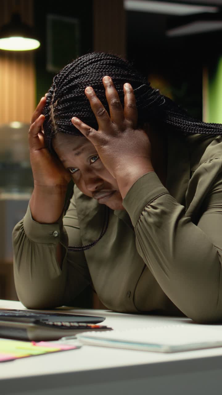 Vertical Video Anxious troubled woman struggling with mental haze and weariness at night