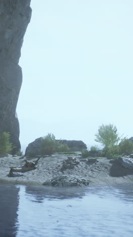 tranquil beach with a cliff in the background