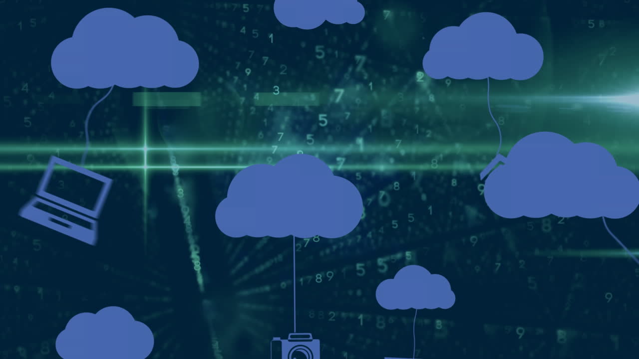 구름 아이콘의 애니메이션과 어두운 배경의 데이터 처리