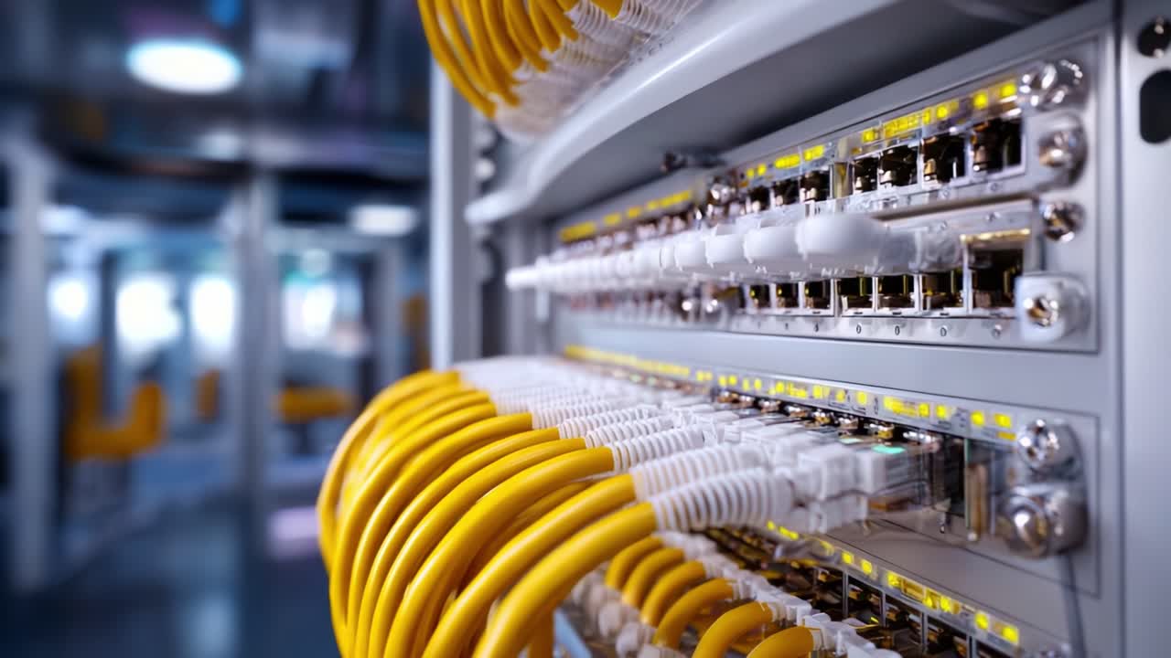 Modern Networking Equipment Featuring Yellow Fiber Optic Cables and High-Tech Connectivity Solutions in a Clean Data Center Environment