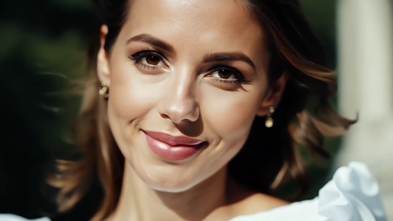 Una bella donna con i capelli castani e truccata sorride alla macchina fotografica