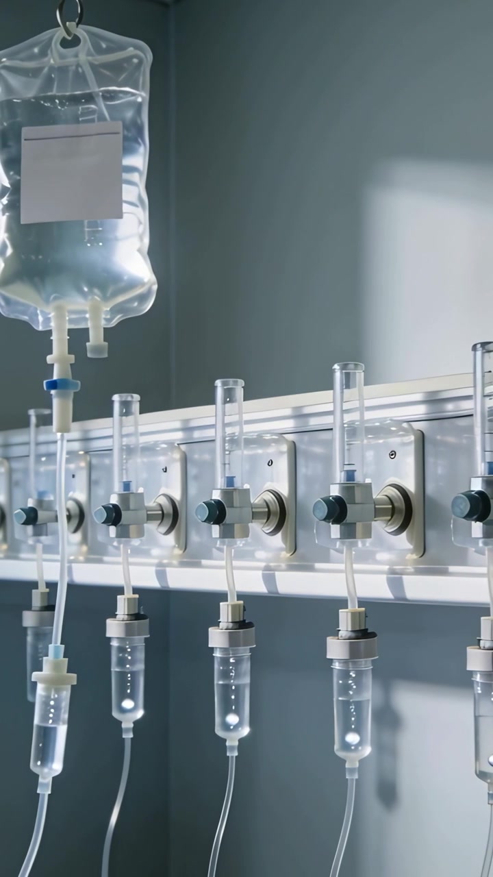 Video verticale: Sacca per flebo appesa che causa gocciolamenti costanti sulle camere di gocciolamento in clinica, sacca etichettata.