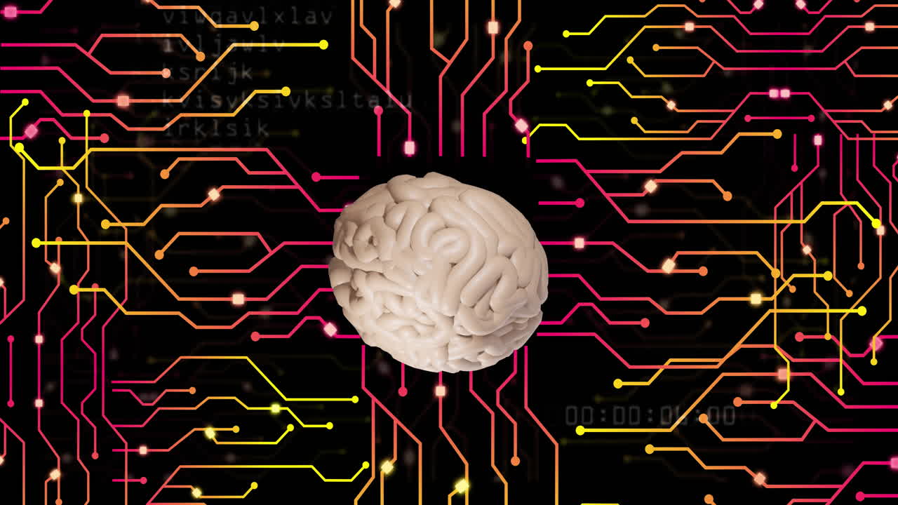 Animation of ai brain and data processing over circuit board background