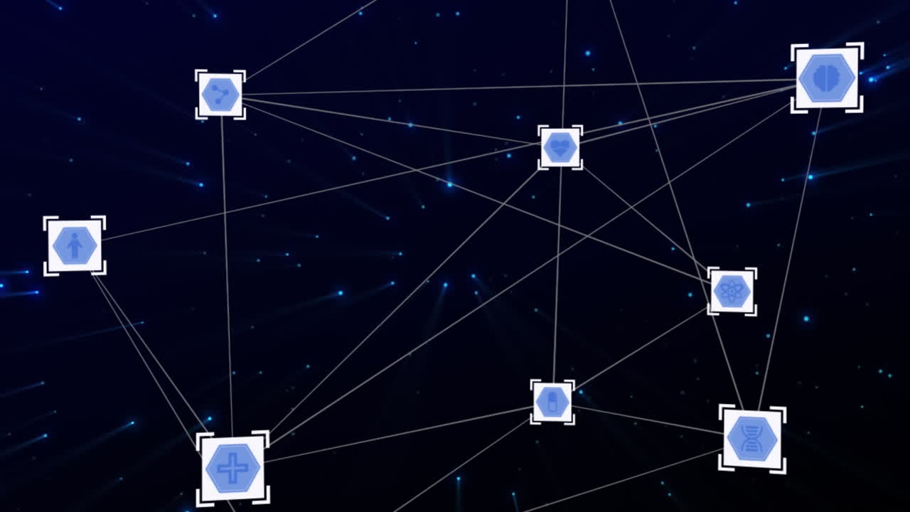 Animation of network of connections with icons on black background