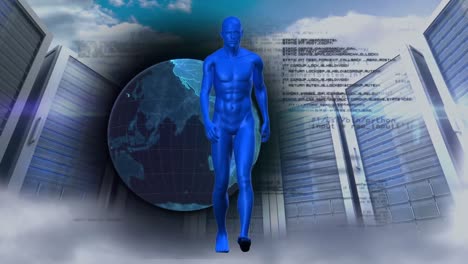 human model walking over over spinning globe and computer servers against clouds in sky