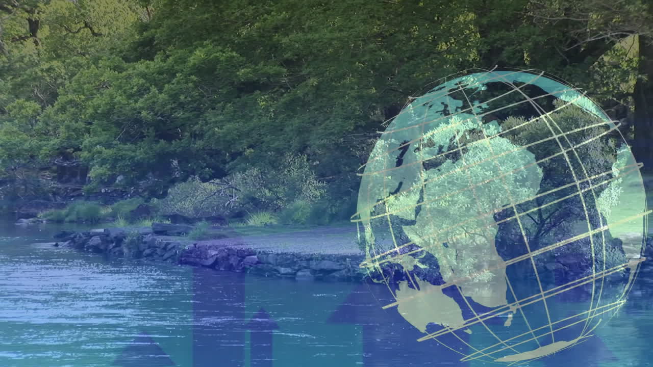 Wireframe globe overlay hovering over lakeside scene, water reflecting foliage and arrows rising up