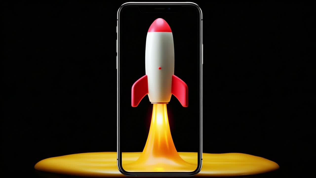 A Creative Representation of a Rocket Launching from a Smartphone, Illustrated with Vivid Colors and Dynamic Fluid Effects, Captured in Two Frames Evoking Innovation and Technology