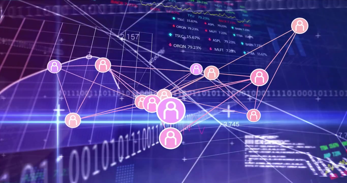 Sequence opening pink peach usericon network rotating and pulsing while showcasing analytics