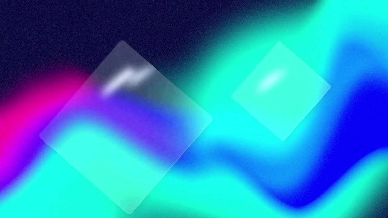animación de cuadrados transparentes sobre formas orgánicas de movimiento lento de color turquesa, azul, rosa y negro