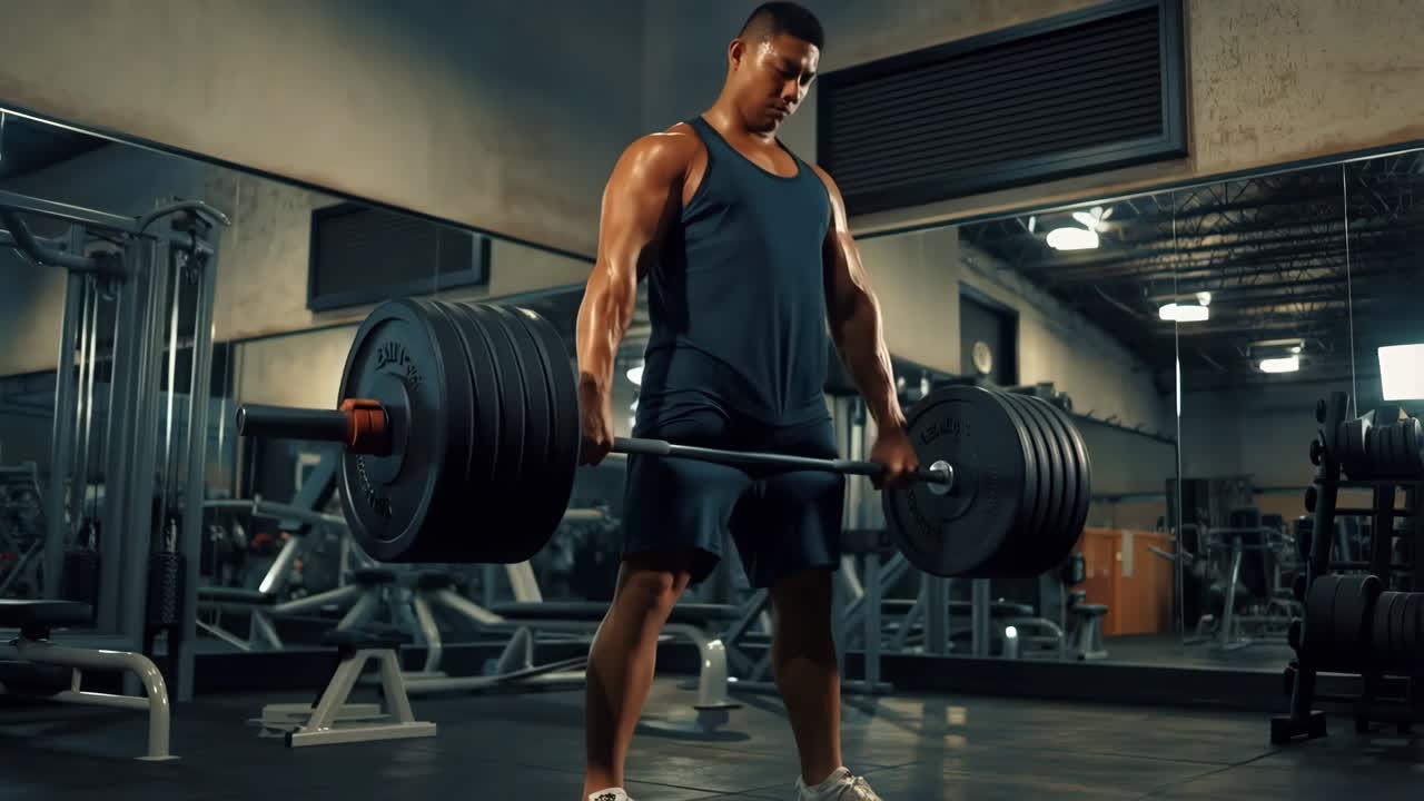 Uomo esegue sollevamenti pesanti con bilanciere in palestra
