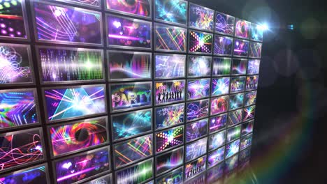 composition of screens with colorful texts and disco light effects on black background