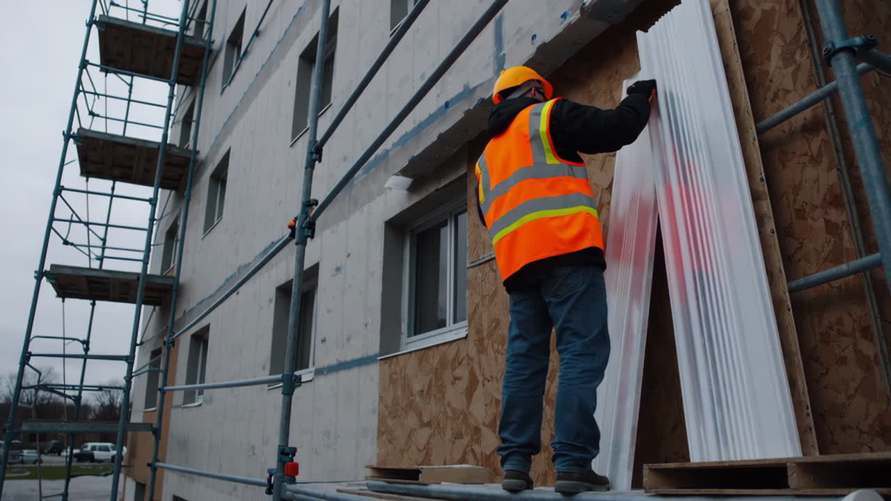 Operaio edile che installa pannelli sulla facciata dell'edificio