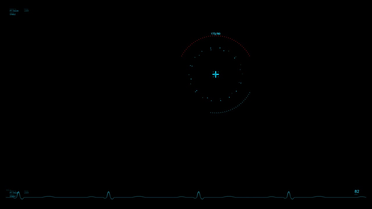 A hud animation appears on a black background for web designers working in a sci fi space environment. Data visualization displays key metrics and project details