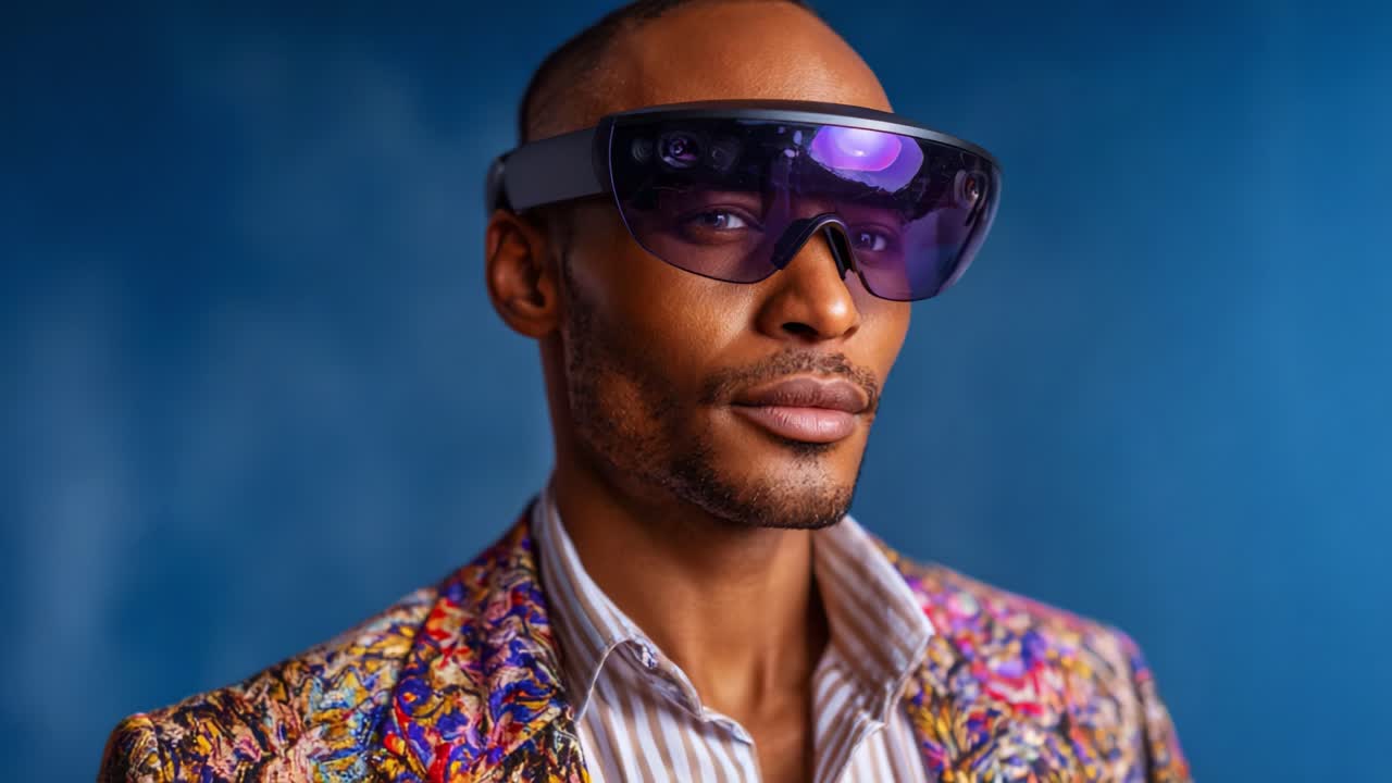 Modello alla moda che presenta occhiali innovativi con motivi audaci e colori distintivi su uno sfondo blu, evidenziando l'integrazione di moda e tecnologia