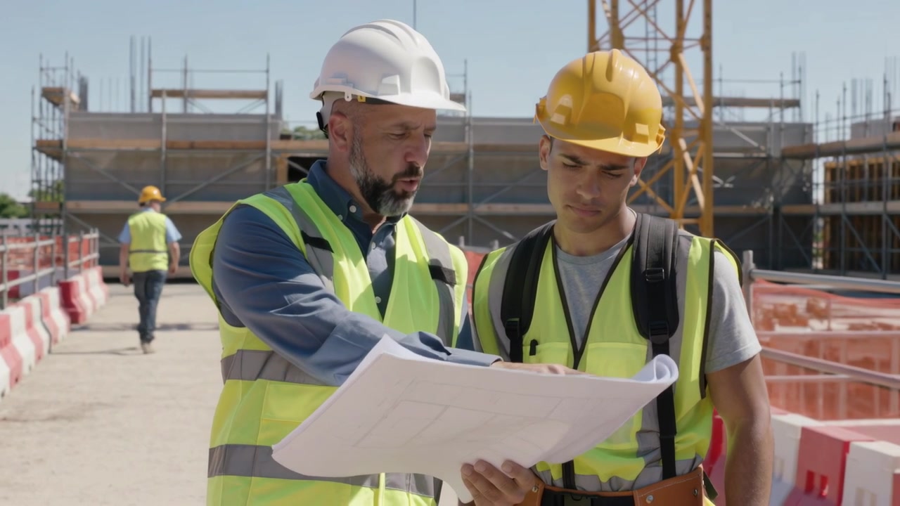 Líder señalando y guiando a trabajador en obra, revisando planos en el lugar, usando chalecos y cascos.