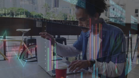 Animation of statistics and data processing over man using laptop